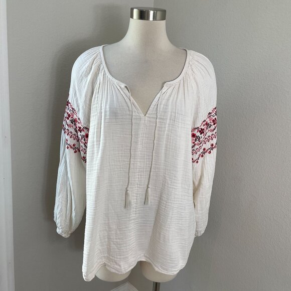 Old Navy Womens XL Embroidered Peasant Blouse Gauzy Cotton Boho Floral Shirt - Picture 1 of 11